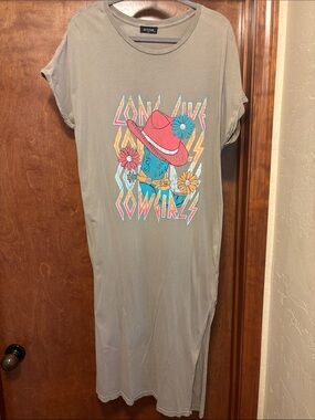 Graphic Cowgirl Maxi Tee Dress - Taupe with Pink & Teal Accents